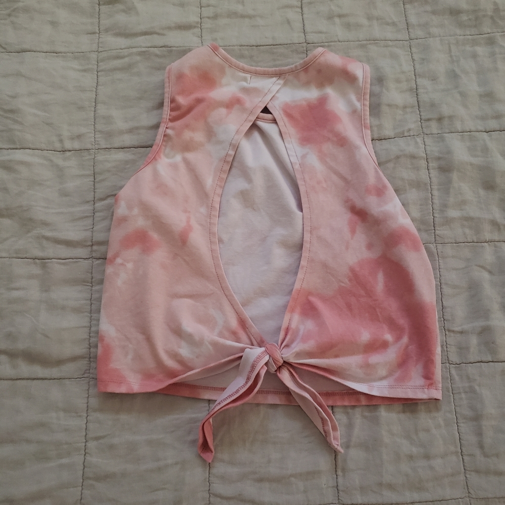 pink and white tie dye athletic tie back tank top